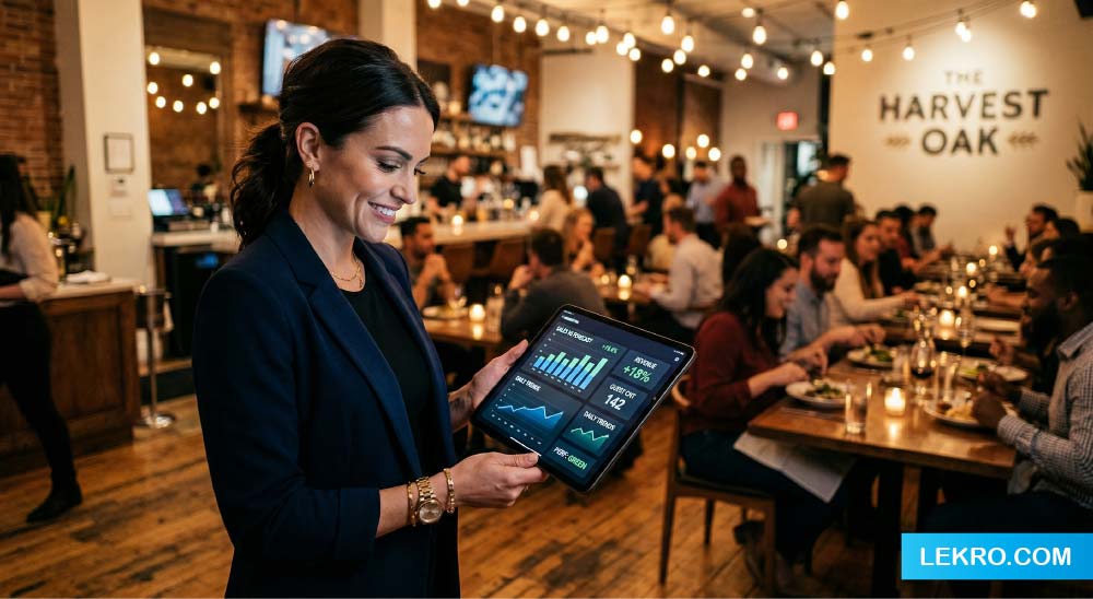 A modern restaurant owner looking at a tablet showing smart data insights, with a softly blurred busy dining room in the background