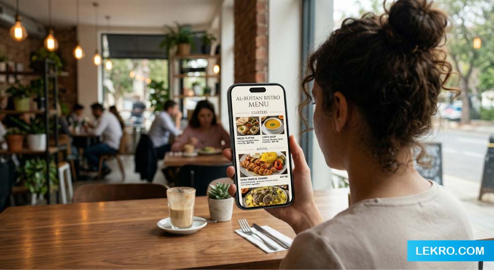 استاند أكريليك شيك وبسيط عليه QR code محطوط على ترابيزة مطعم إضاءتها دافية
