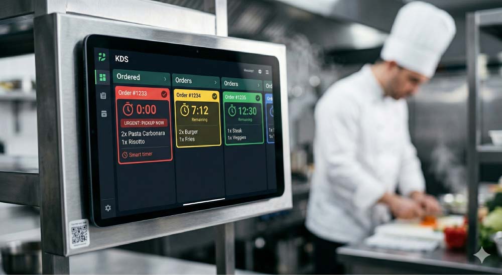 A close up of a digital Kitchen Display System (KDS) screen showing smart order timing and prep alerts in a commercial kitchen
